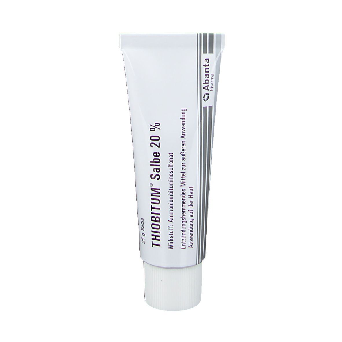 Weiße Tube mit Aufschrift THIOBITUM Salbe 20 %. Abanta Pharma Logo. 25 g Salbe.