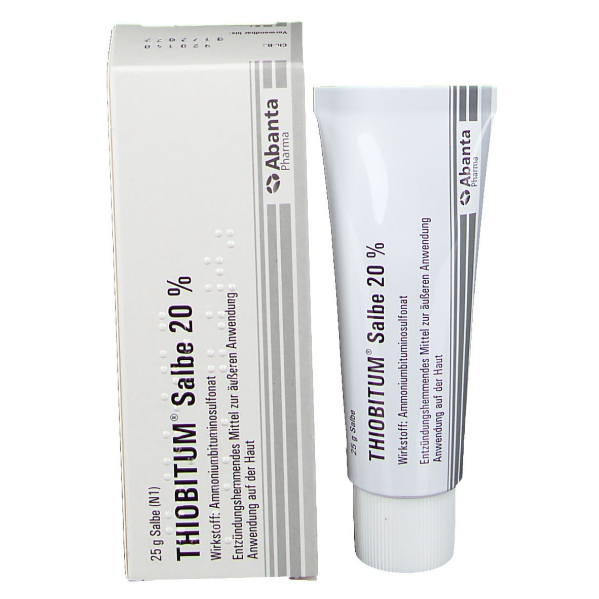 Produktverpackung und Tube. Weiße Schachtel mit Aufschrift THIOBITUM Salbe 20 %. Abanta Pharma Logo.