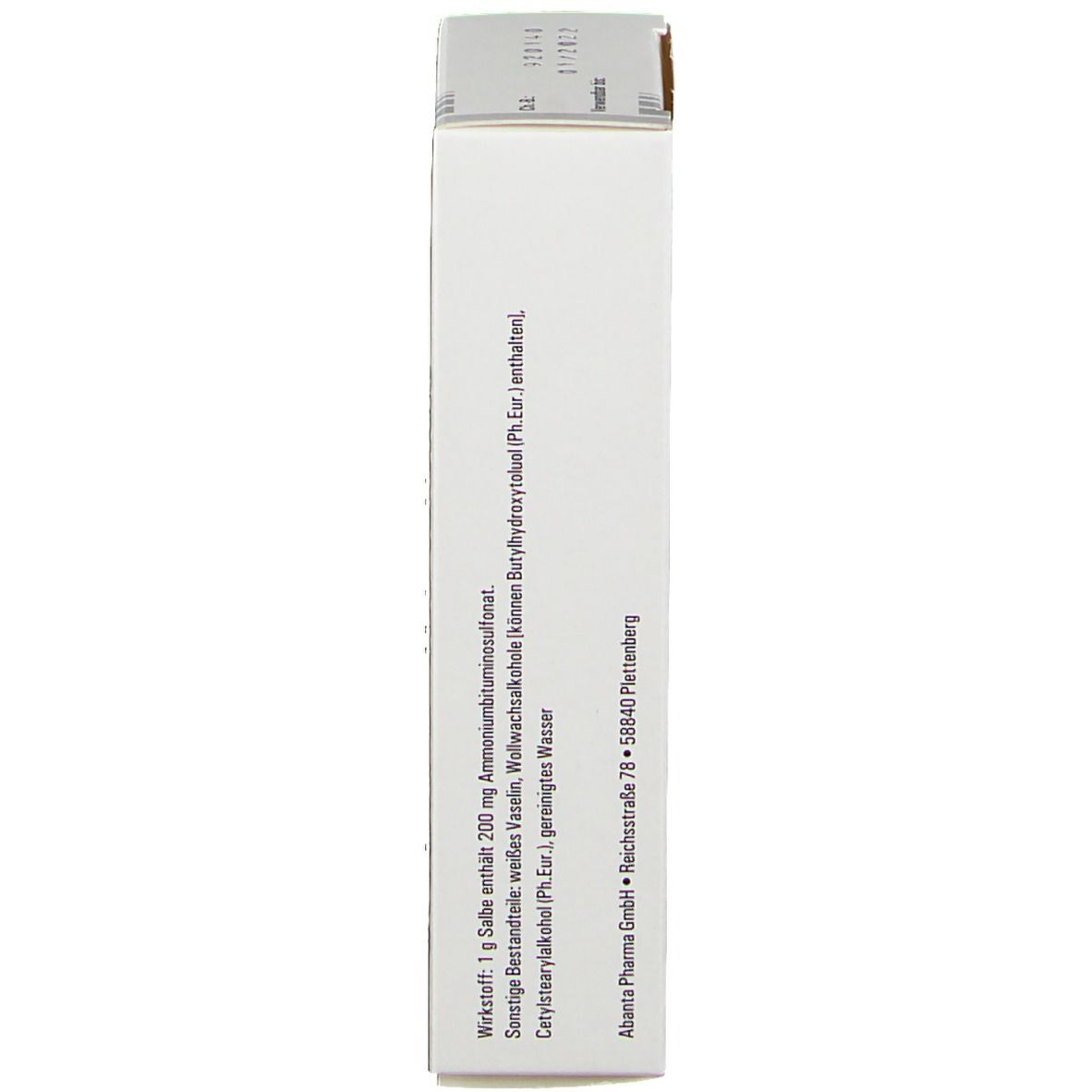 Seitenansicht der Produktverpackung. Text mit Inhaltsstoffen und Herstellerinformationen.