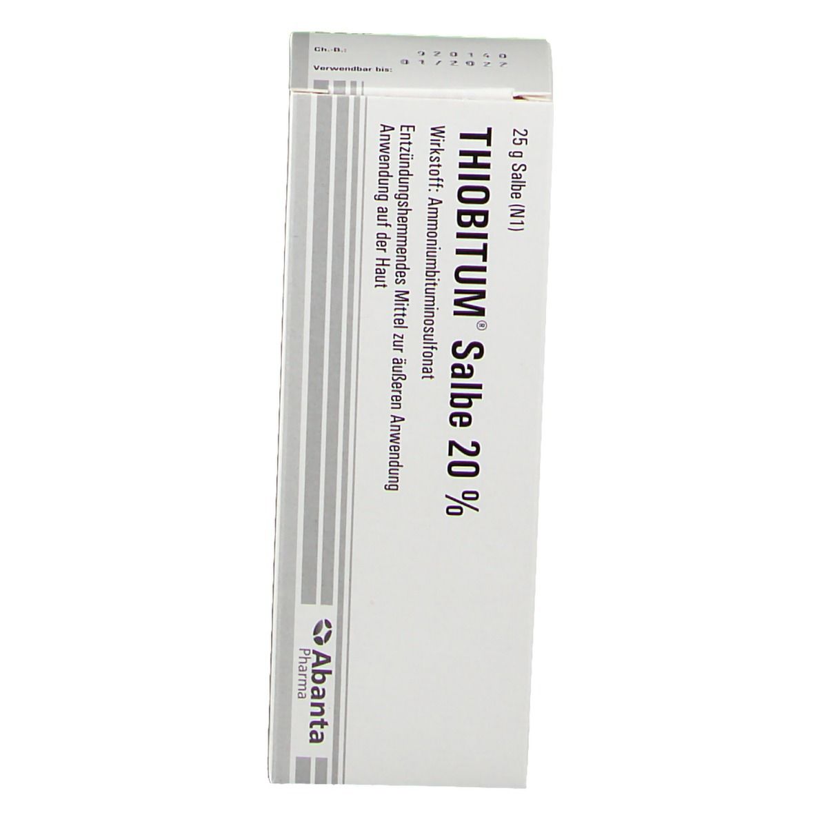 Vorderseite der Produktverpackung. Weiße Schachtel mit Aufschrift THIOBITUM Salbe 20 %. Abanta Pharma Logo.