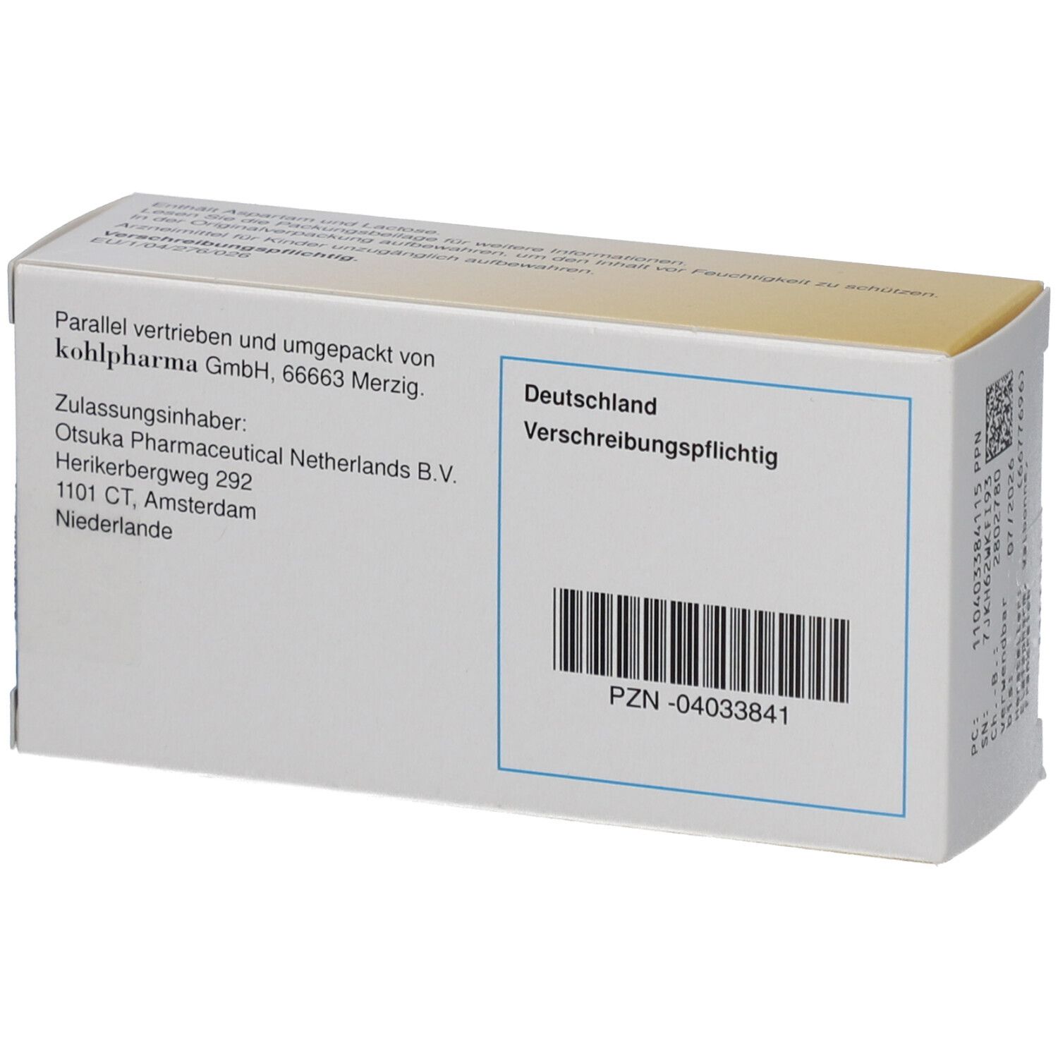 Schachtel mit Text. Enthält Informationen zu Hersteller, Inhaltsstoffen und Barcode. "Verschreibungspflichtig" auf Deutsch.