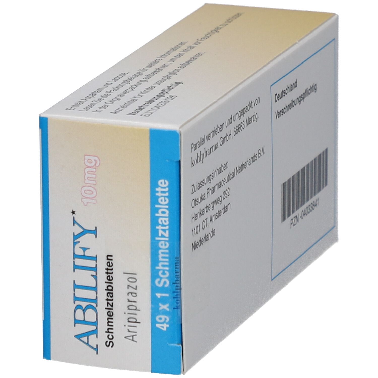 Schachtel ABILIFY 10mg Schmelztabletten. Enthält 49 Tabletten. Text auf Deutsch. Barcode und "Verschreibungspflichtig".