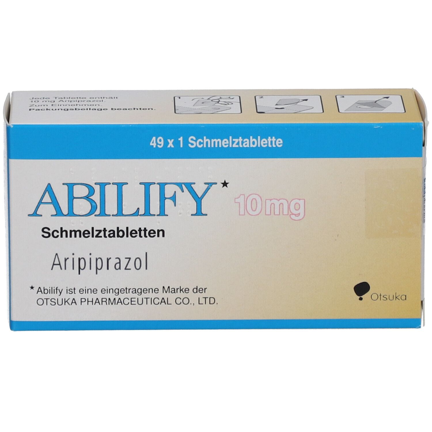 Schachtel ABILIFY 10mg Schmelztabletten. Enthält 49 Tabletten. Produktname, Stärke und Inhaltsstoff Aripiprazol.