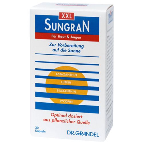 Weiße Schachtel mit "XXL Sungran"-Aufdruck. Enthält Kapseln. Text: "Für Haut & Augen", "Zur Vorbereitung auf die Sonne". Logo: DR. GRANDEL.