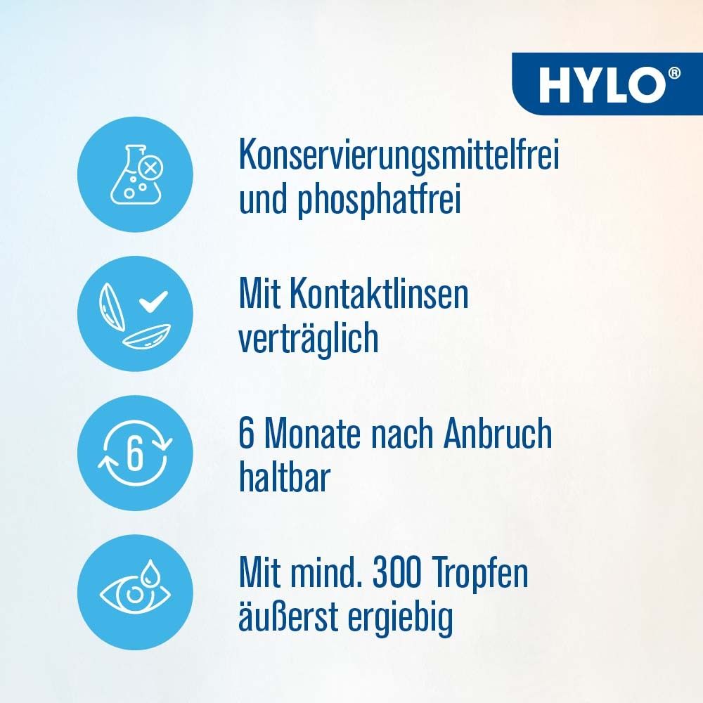 Text auf blauem Hintergrund. Informationen: Konservierungsmittelfrei, mit Kontaktlinsen, 6 Monate haltbar, 300 Tropfen.