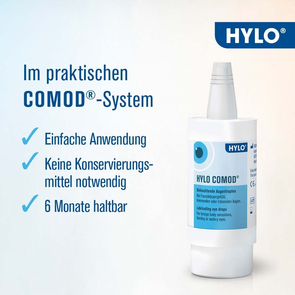 Flasche und Text. Informationen: Einfache Anwendung, keine Konservierungsmittel, 6 Monate haltbar. HYLO-COMOD®-System.