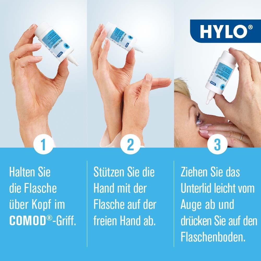 Drei Bilder zeigen die Anwendung von HYLO-COMOD® Augentropfen. Schrittweise Anleitung.