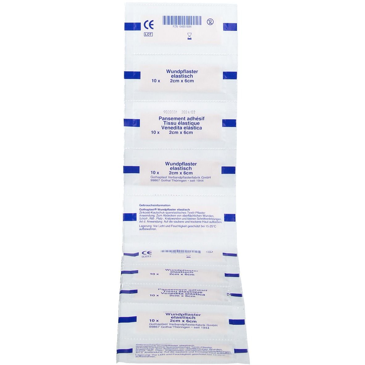 Verpackung mit 10 Wundpflastern, 2 cm x 6 cm. Text in Deutsch und Französisch. CE-Kennzeichnung.