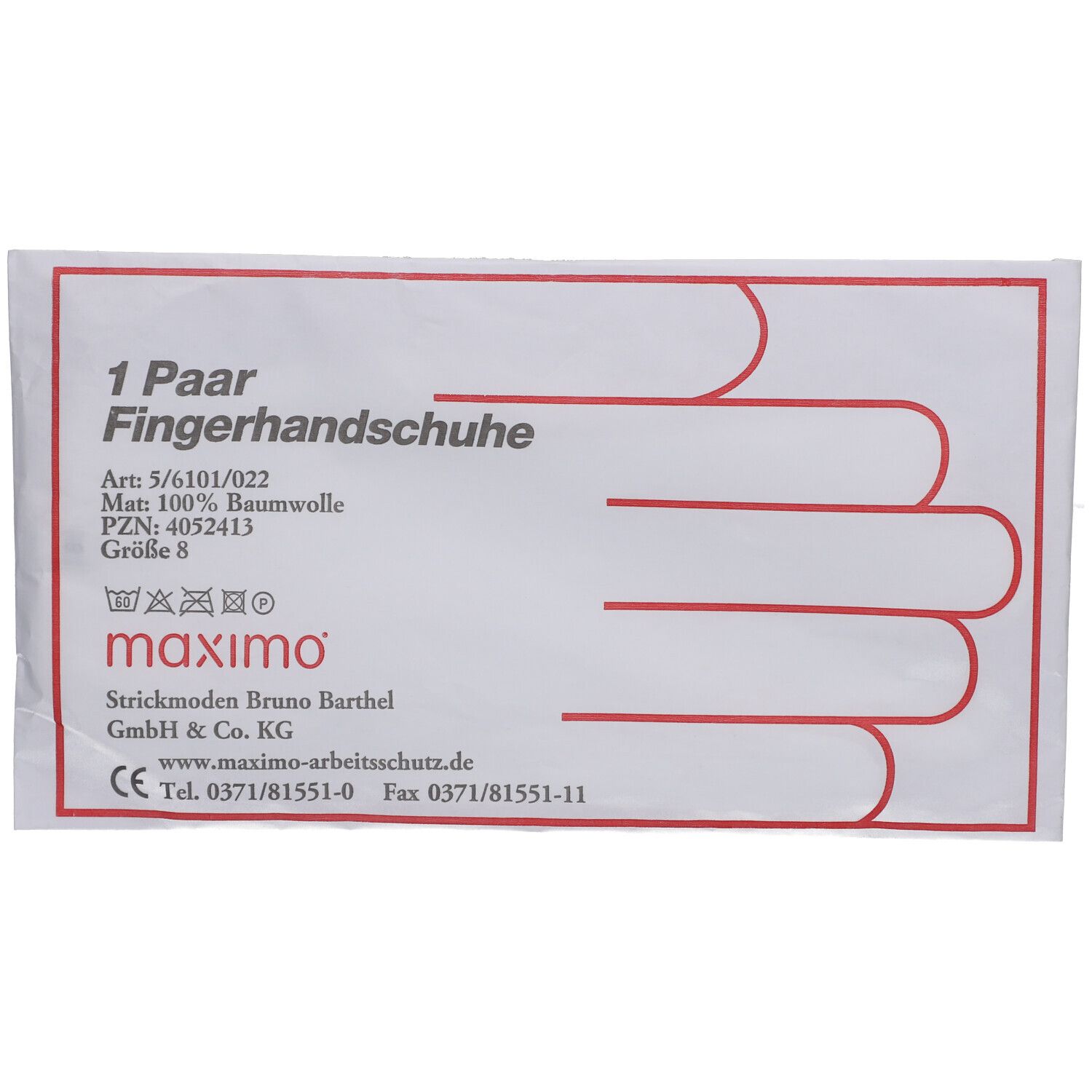 Verpackung mit Fingerhandschuhen. Text: 1 Paar Fingerhandschuhe, Größe 8, maximo. Material: 100% Baumwolle. CE-Zeichen.