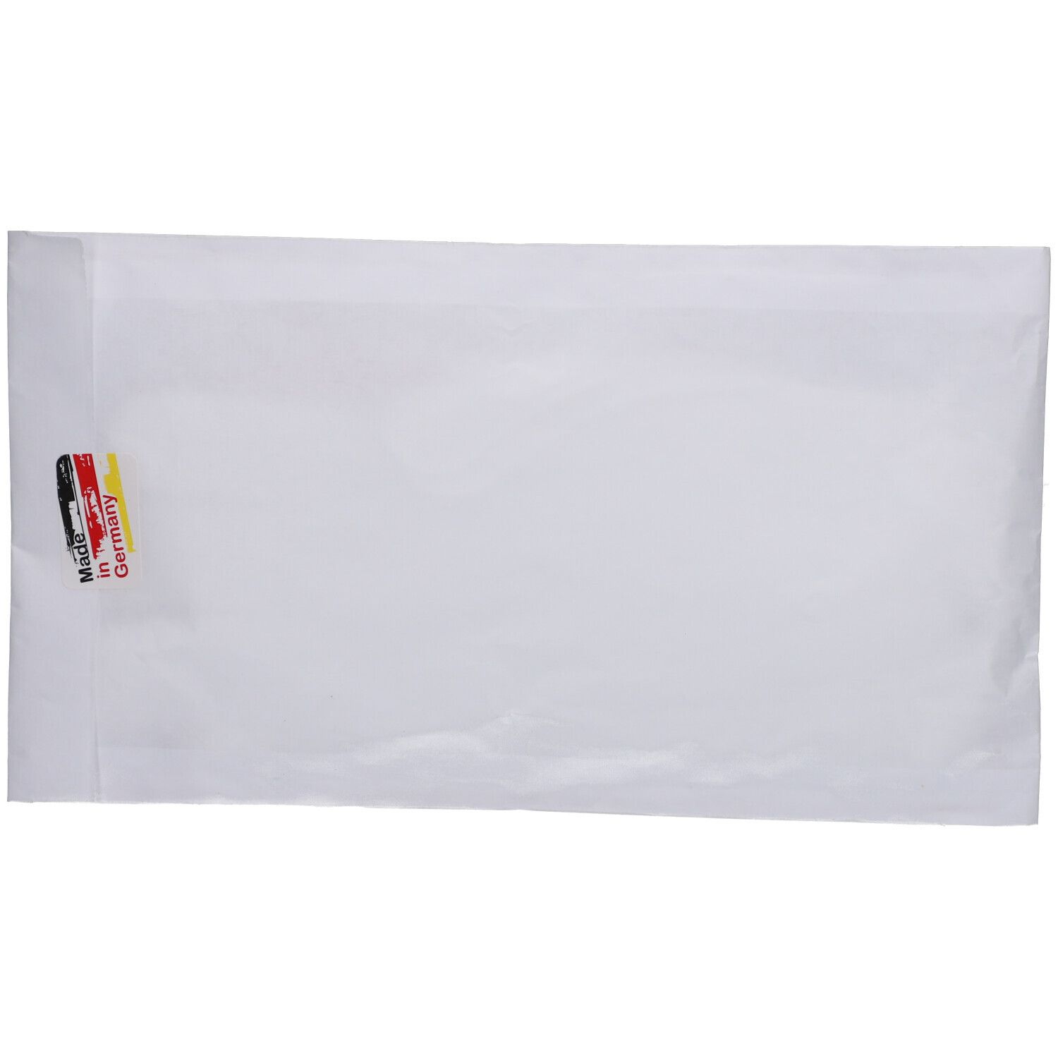 Weiße Verpackung, rechteckig. Aufkleber: Made in Germany mit deutscher Flagge.