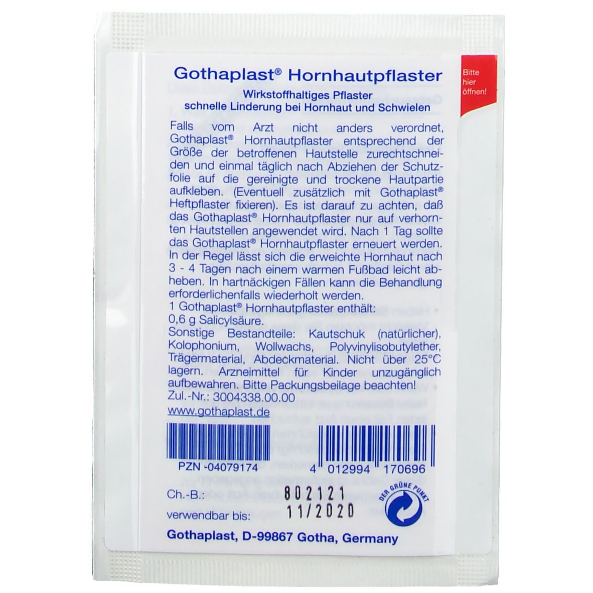 Rückseite der Gothaplast® Hornhautpflaster Verpackung. Text mit Produktinformationen, Inhaltsstoffen und Herstelleradresse.