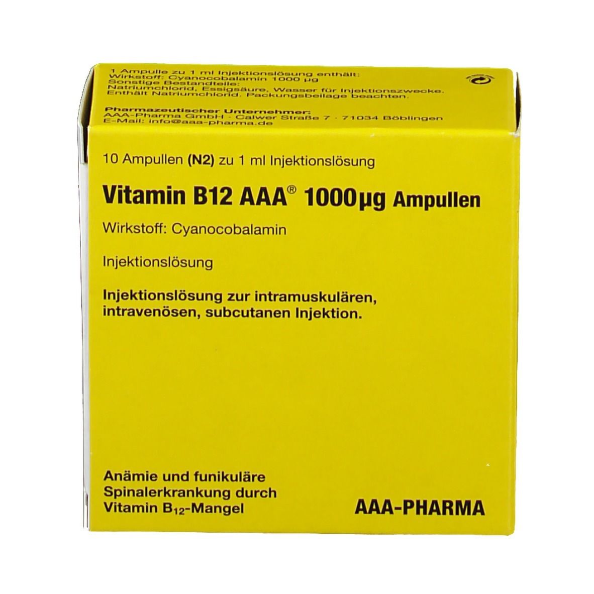 Gelbe Schachtel mit Aufschrift Vitamin B12 AAA 1000µg Ampullen. Enthält 10 Ampullen. Marke AAA-Pharma.