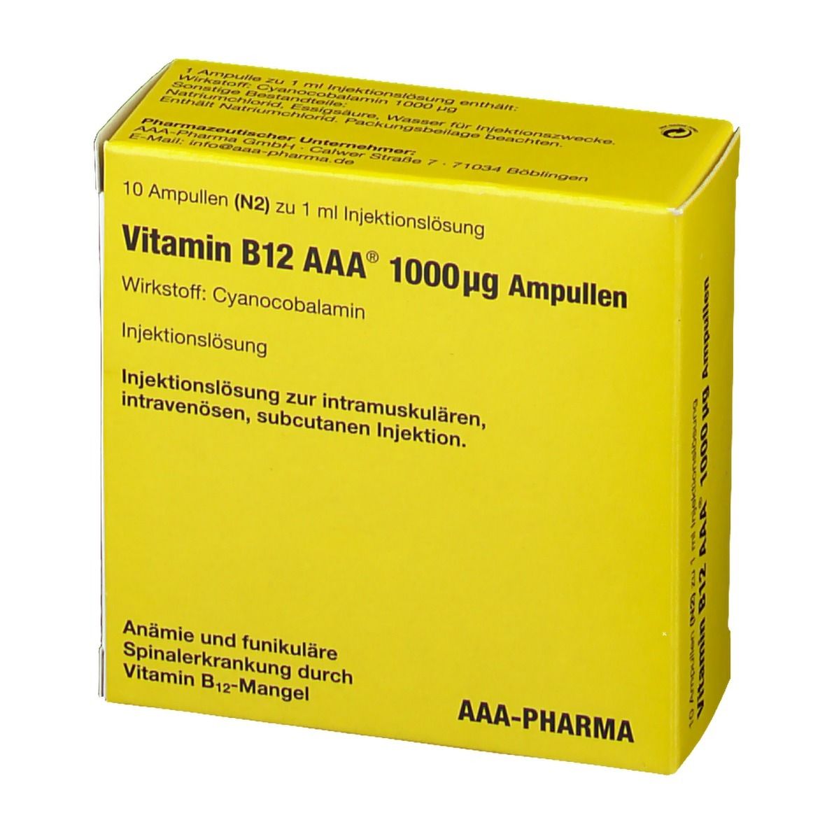 Gelbe Schachtel mit Aufschrift Vitamin B12 AAA 1000µg Ampullen. Enthält 10 Ampullen. Marke AAA-Pharma.