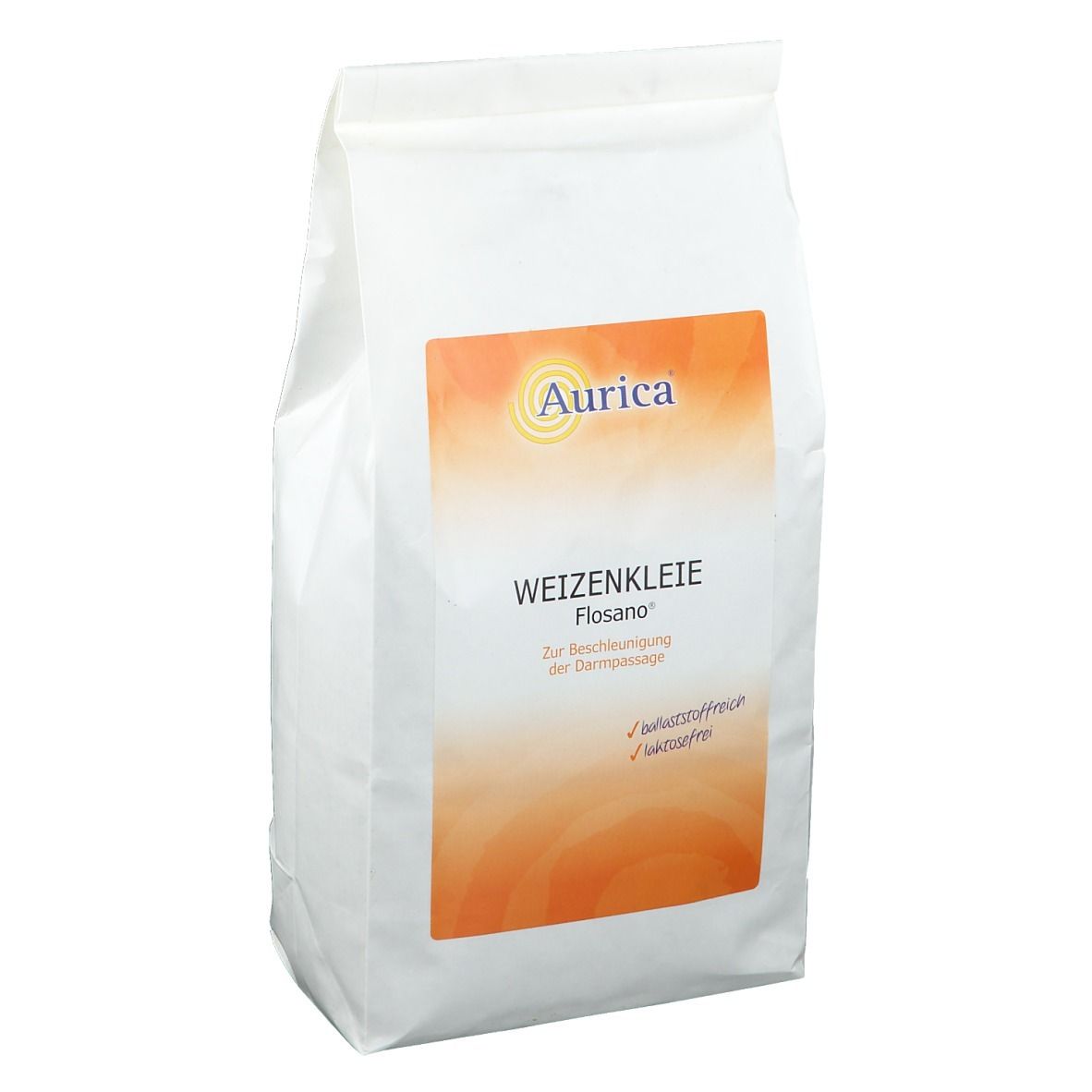 Weizenkleie Flosano® in weißer Verpackung mit orangefarbenem Etikett. Aurica® Logo oben links. Text: Weizenkleie, Flosano, glutenfrei, lactosefrei.