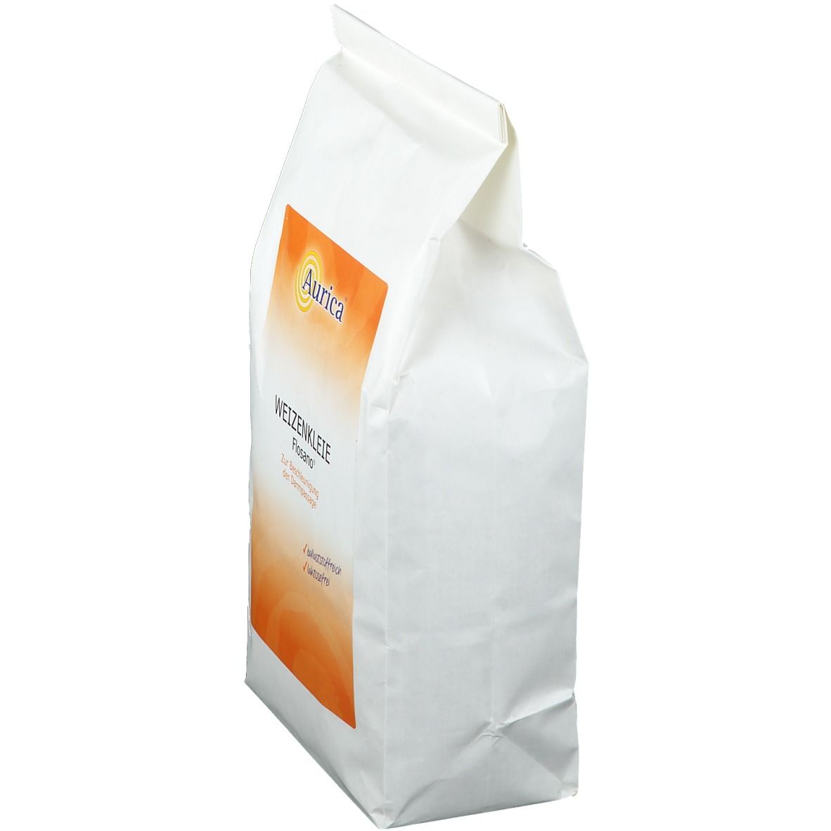 Weizenkleie Flosano® Verpackung, seitliche Ansicht. Weißer Beutel mit orangefarbenem Etikett und Aurica® Logo. Text: Weizenkleie, Flosano.