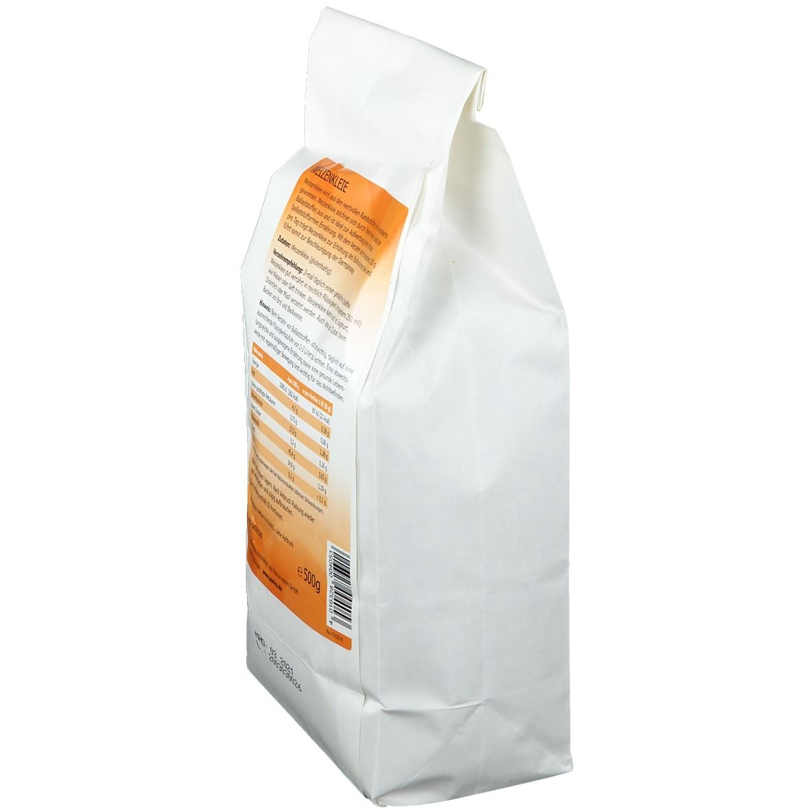 Weizenkleie Flosano® Verpackung, Rückseite. Weißer Beutel mit Text und Nährwertangaben. Aurica® Logo. Text: Weizenkleie, Flosano, 500g.