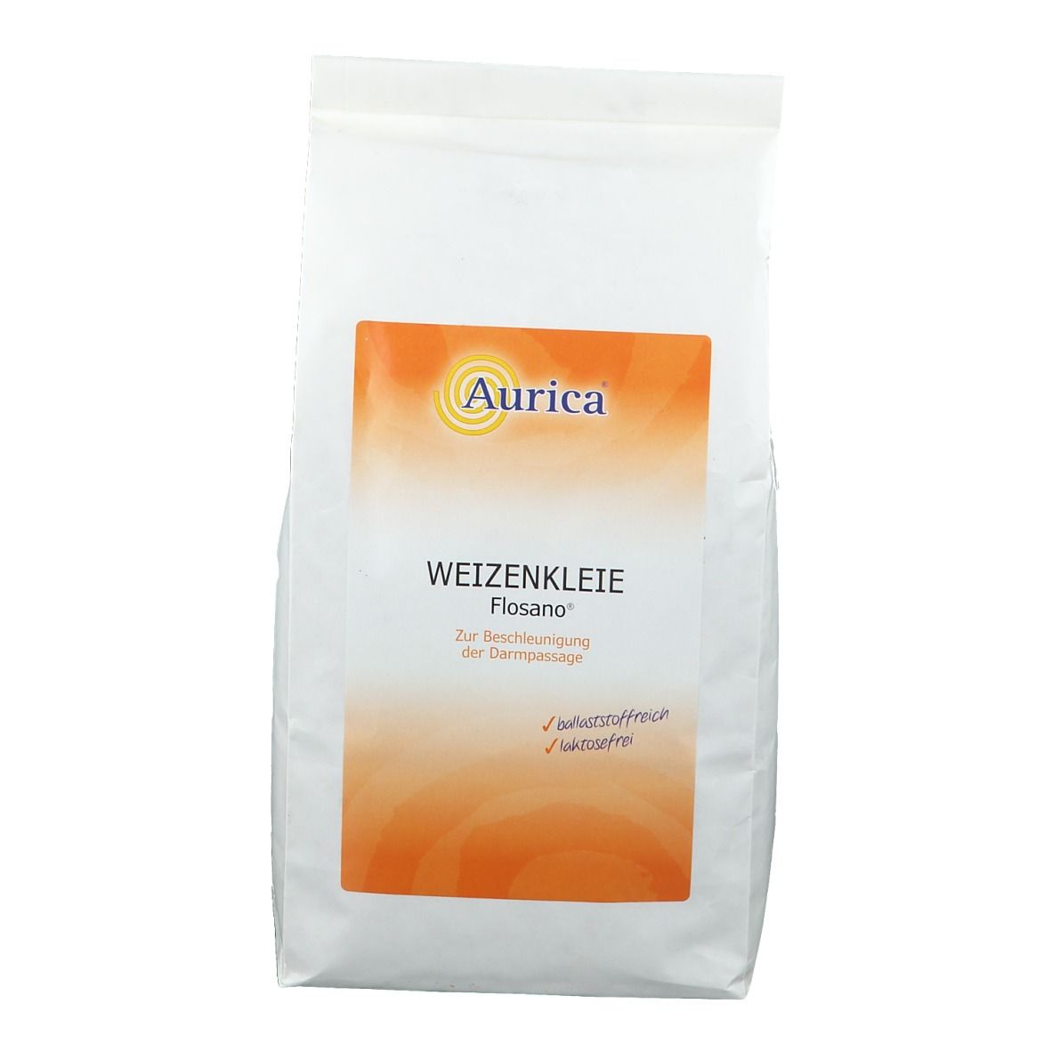 Weizenkleie Flosano® in weißer Verpackung mit orangefarbenem Etikett. Aurica® Logo oben links. Text: Weizenkleie, Flosano, glutenfrei, lactosefrei.