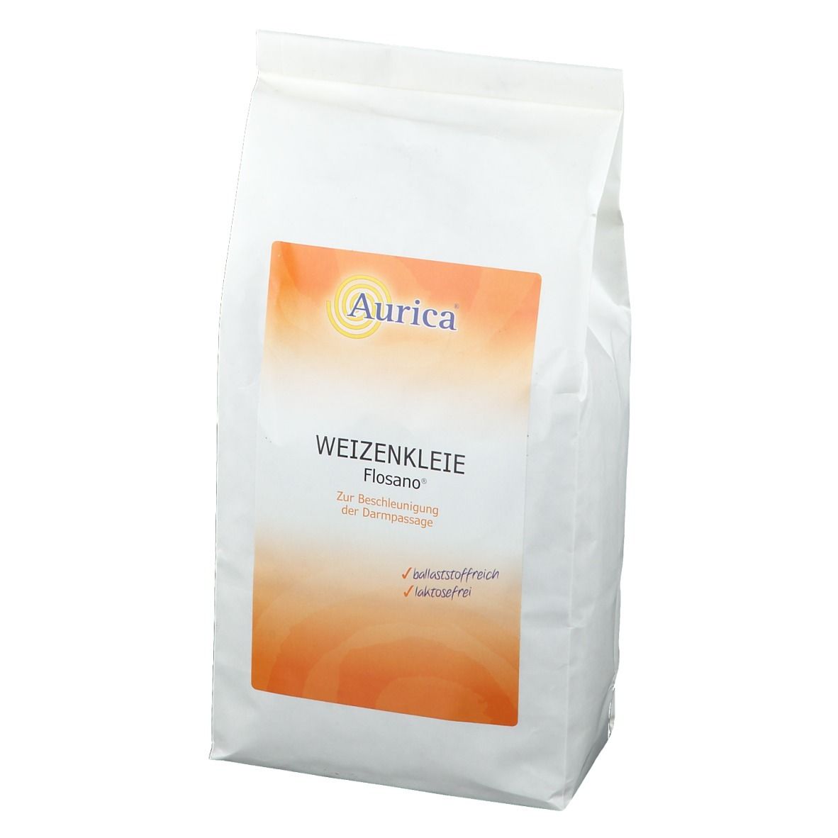 Weizenkleie Flosano® in weißer Verpackung mit orangefarbenem Etikett. Aurica® Logo oben links. Text: Weizenkleie, Flosano, glutenfrei, lactosefrei.