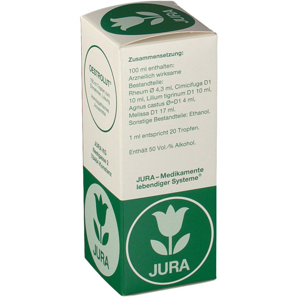 Karton OESTROLUT® mit Inhaltsangaben. Text: Zusammensetzung, Arzneilich wirksame Bestandteile, Jura-Medikamente.