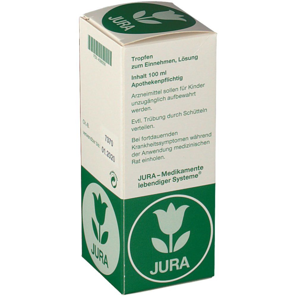 Karton OESTROLUT® mit Anwendungshinweisen. Text: Tropfen zum Einnehmen, Apothekenpflichtig, Jura-Medikamente.