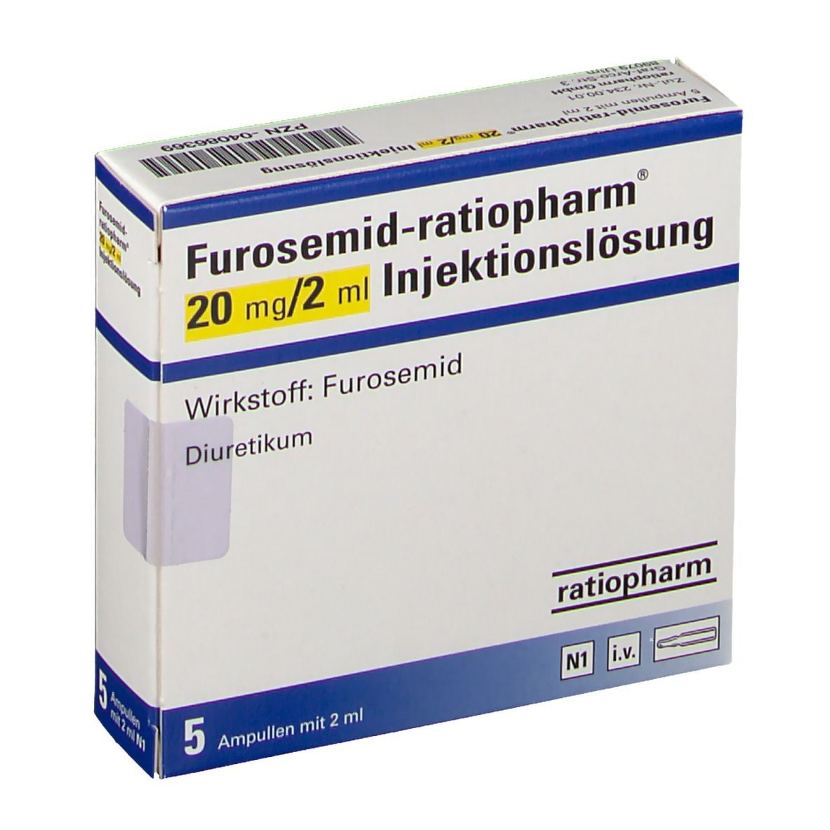 Packung Furosemid ratiopharm® 20 mg/2 ml Injektionslösung. 5 Ampullen. Wirkstoff: Furosemid. Diuretikum. Weiß-blaue Verpackung.