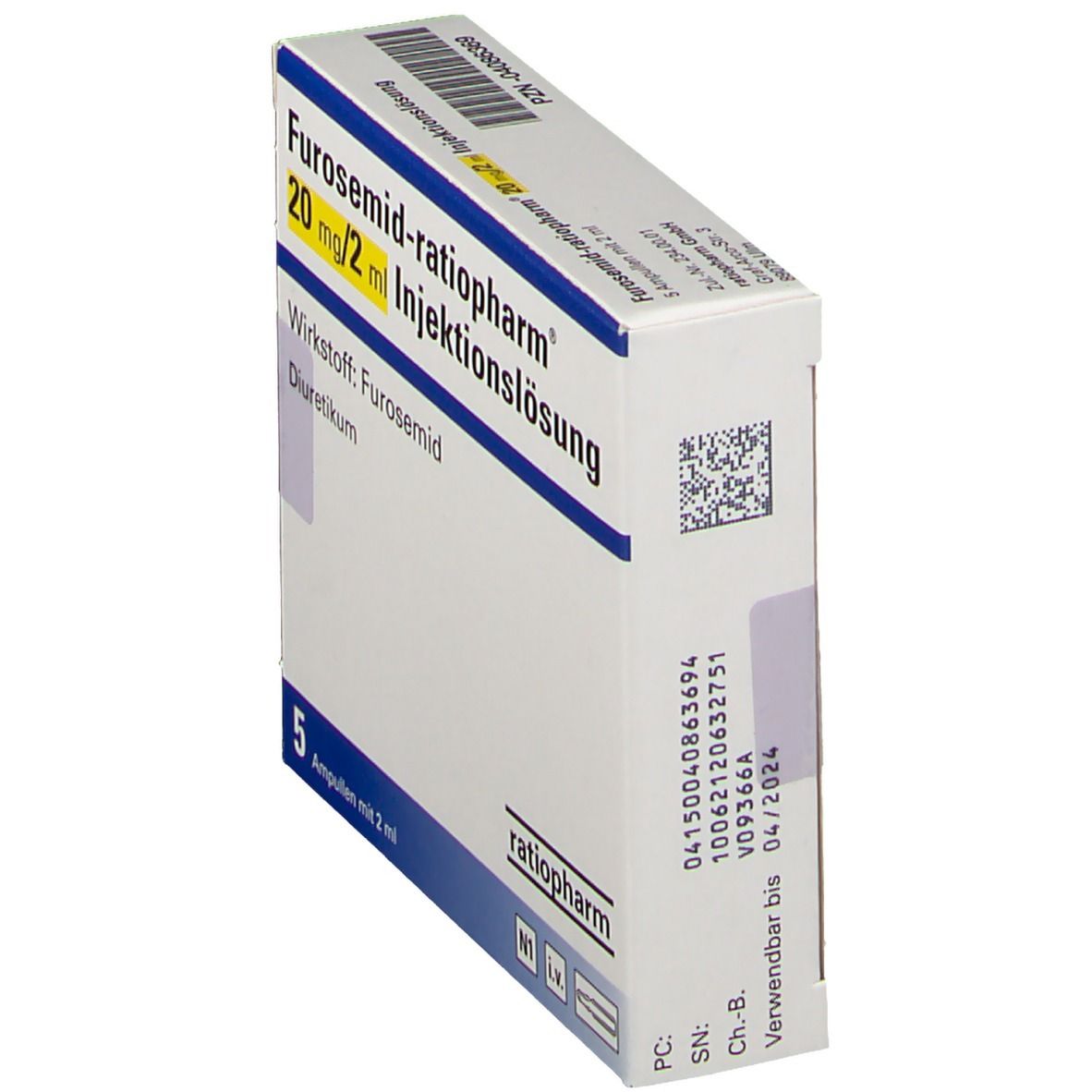 Furosemid ratiopharm® 20 mg/2 ml Injektionslösung. Verpackung mit 5 Ampullen. Diuretikum. Weiße Schachtel mit blauer Schrift und gelbem Feld.