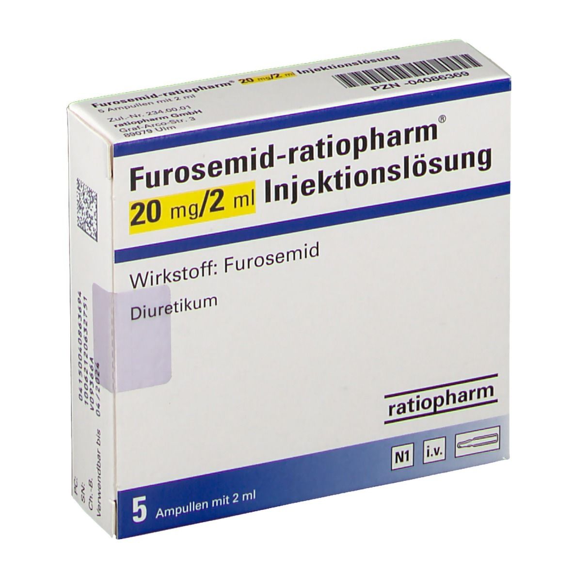 Furosemid ratiopharm® 20 mg/2 ml Injektionslösung. Verpackung mit 5 Ampullen. Wirkstoff: Furosemid. Diuretikum. Weiße Schachtel.