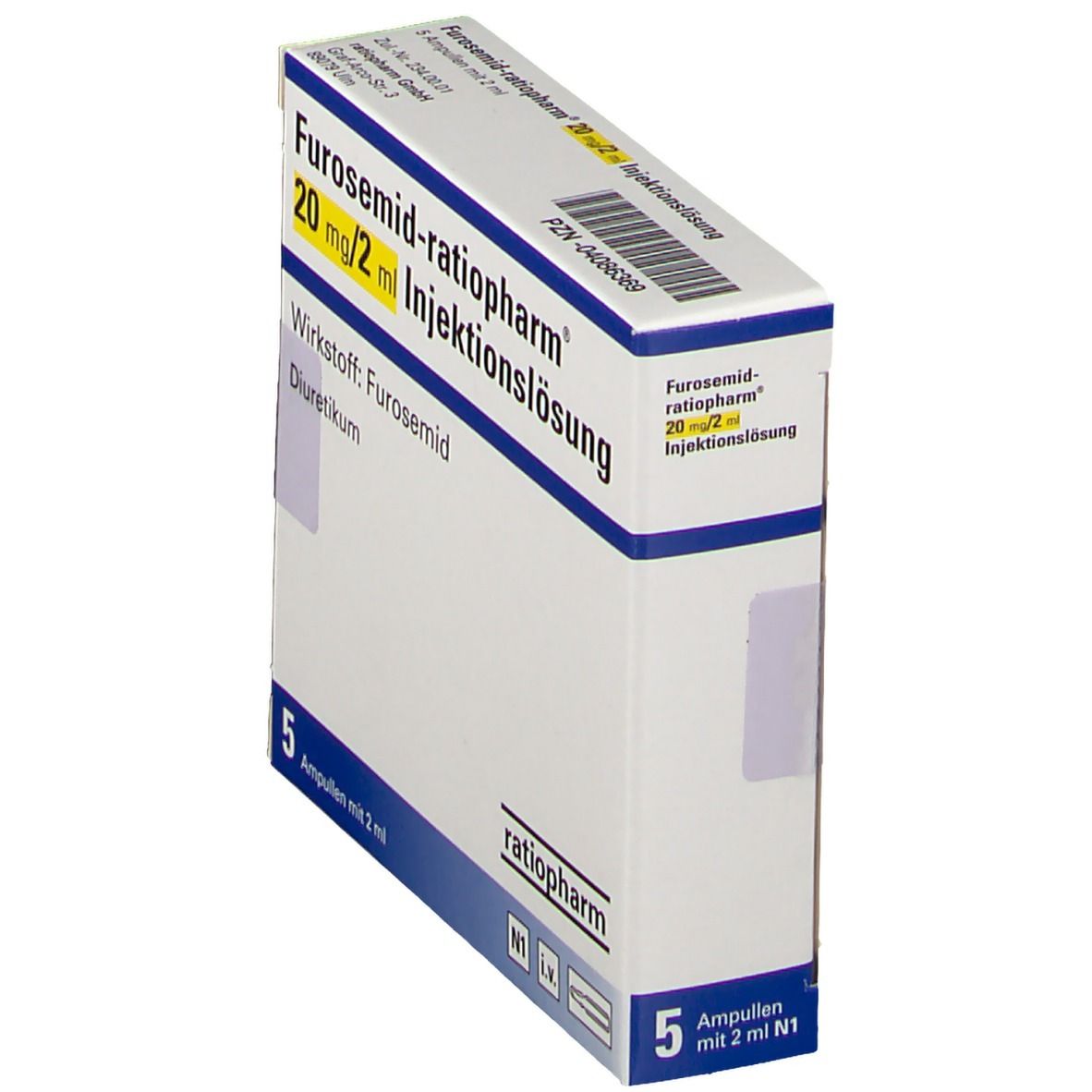 Furosemid ratiopharm® 20 mg/2 ml Injektionslösung. Verpackung mit 5 Ampullen. Diuretikum. Weiße Schachtel mit blauer Schrift.
