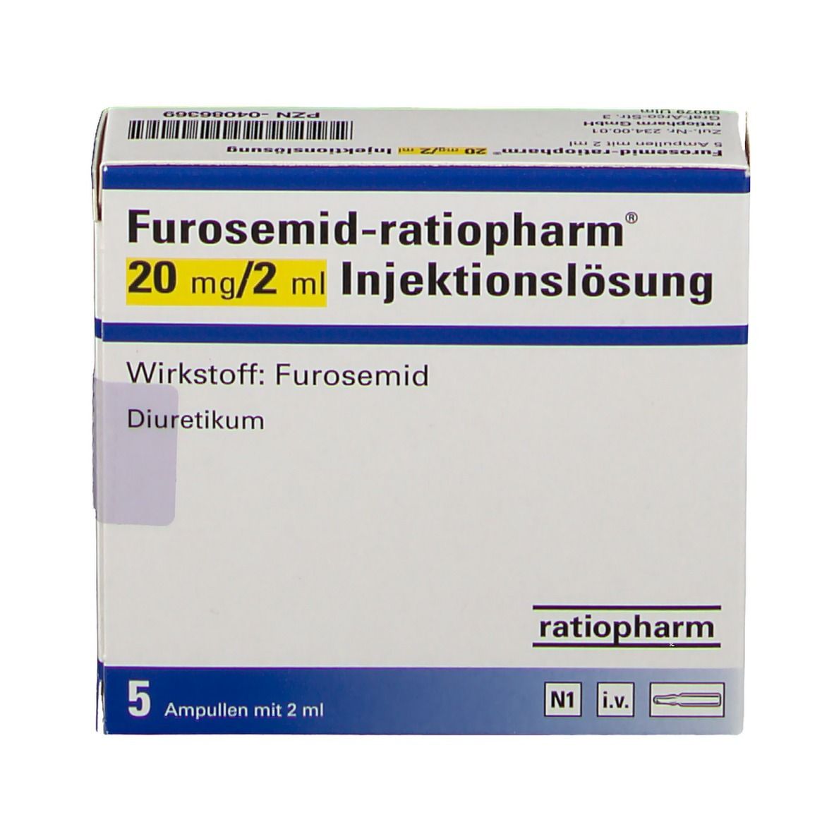 Furosemid ratiopharm® 20 mg/2 ml Injektionslösung. Verpackung mit 5 Ampullen. Wirkstoff: Furosemid. Diuretikum. Weiße Schachtel.