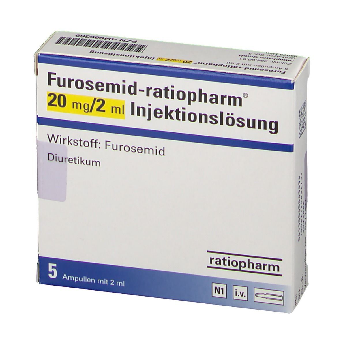 Furosemid ratiopharm® 20 mg/2 ml Injektionslösung. Verpackung mit 5 Ampullen. Wirkstoff: Furosemid. Diuretikum. Weiße Schachtel.