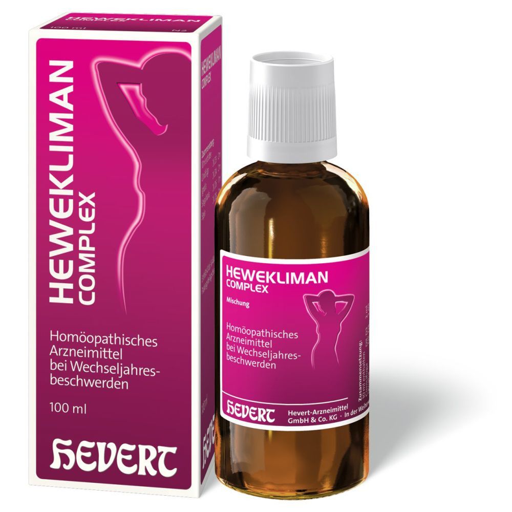 Braune Glasflasche und Schachtel. Aufschrift HEWEKLIMAN COMPLEX. Homöopathisches Arzneimittel. Marke HEVERT.