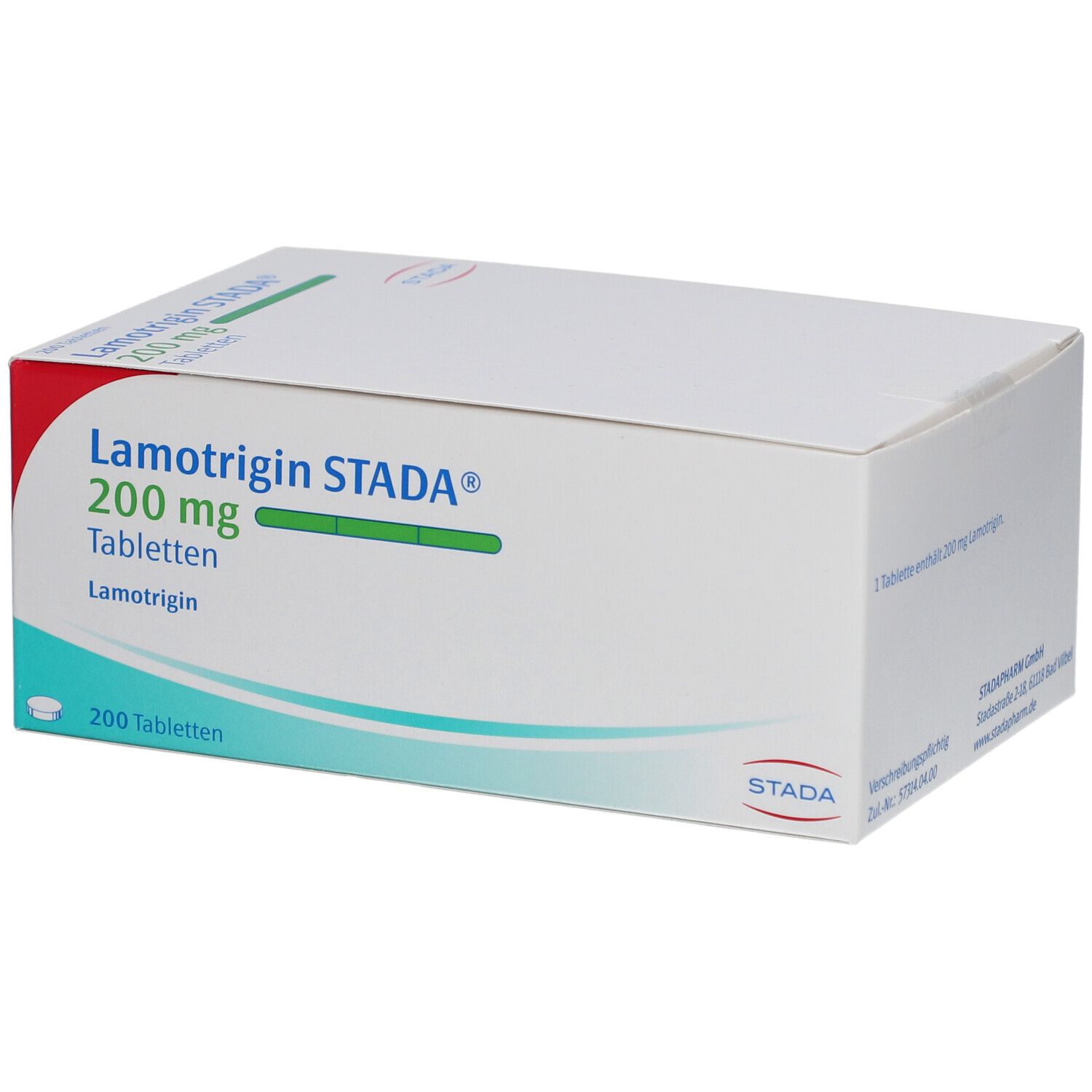 Weiße Faltschachtel mit Aufschrift Lamotrigin STADA® 200 mg Tabletten. 200 Tabletten. Grün-weiße Farbgebung.