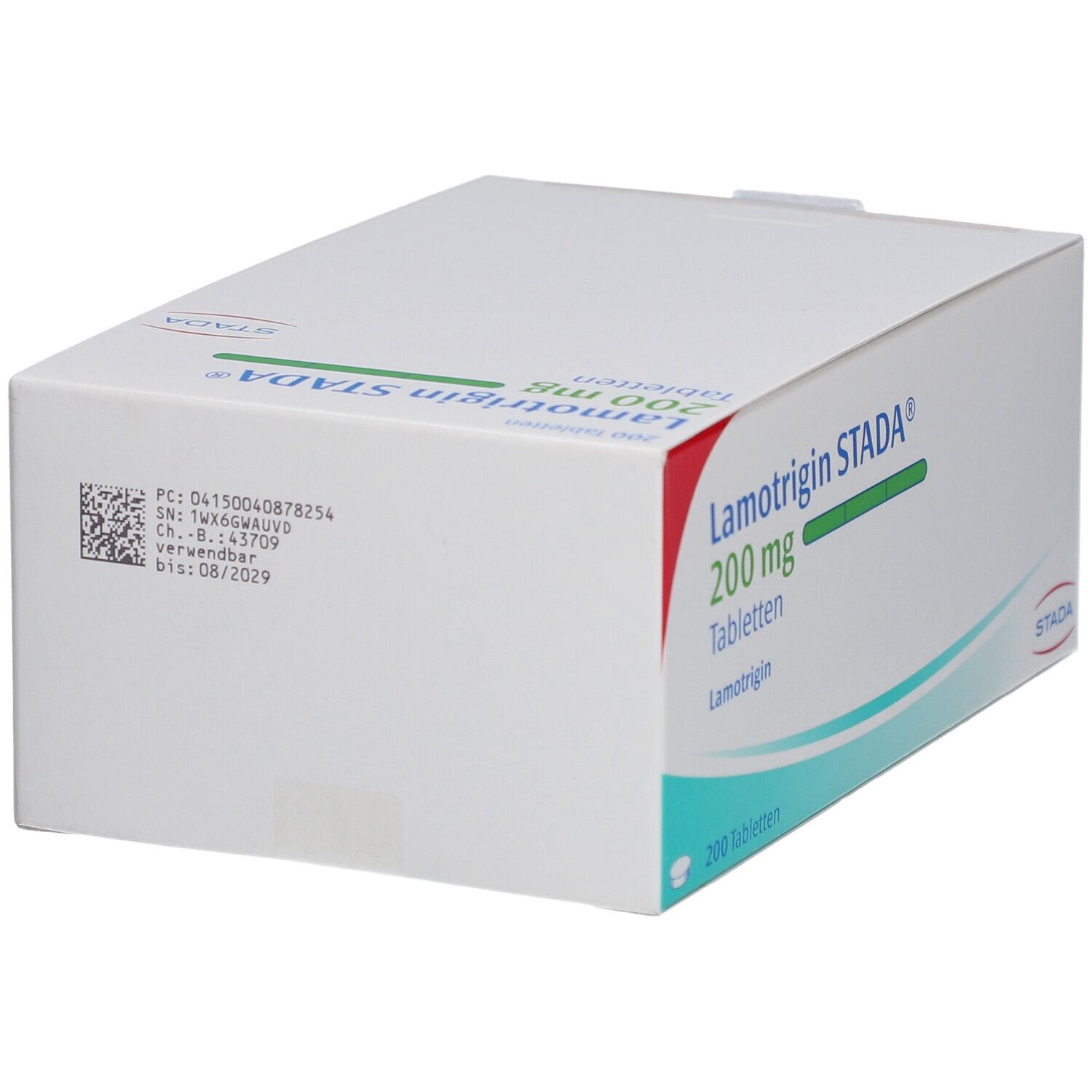 Weiße Faltschachtel mit Aufschrift Lamotrigin STADA® 200 mg Tabletten. Rückseite mit Barcode und weiteren Informationen.