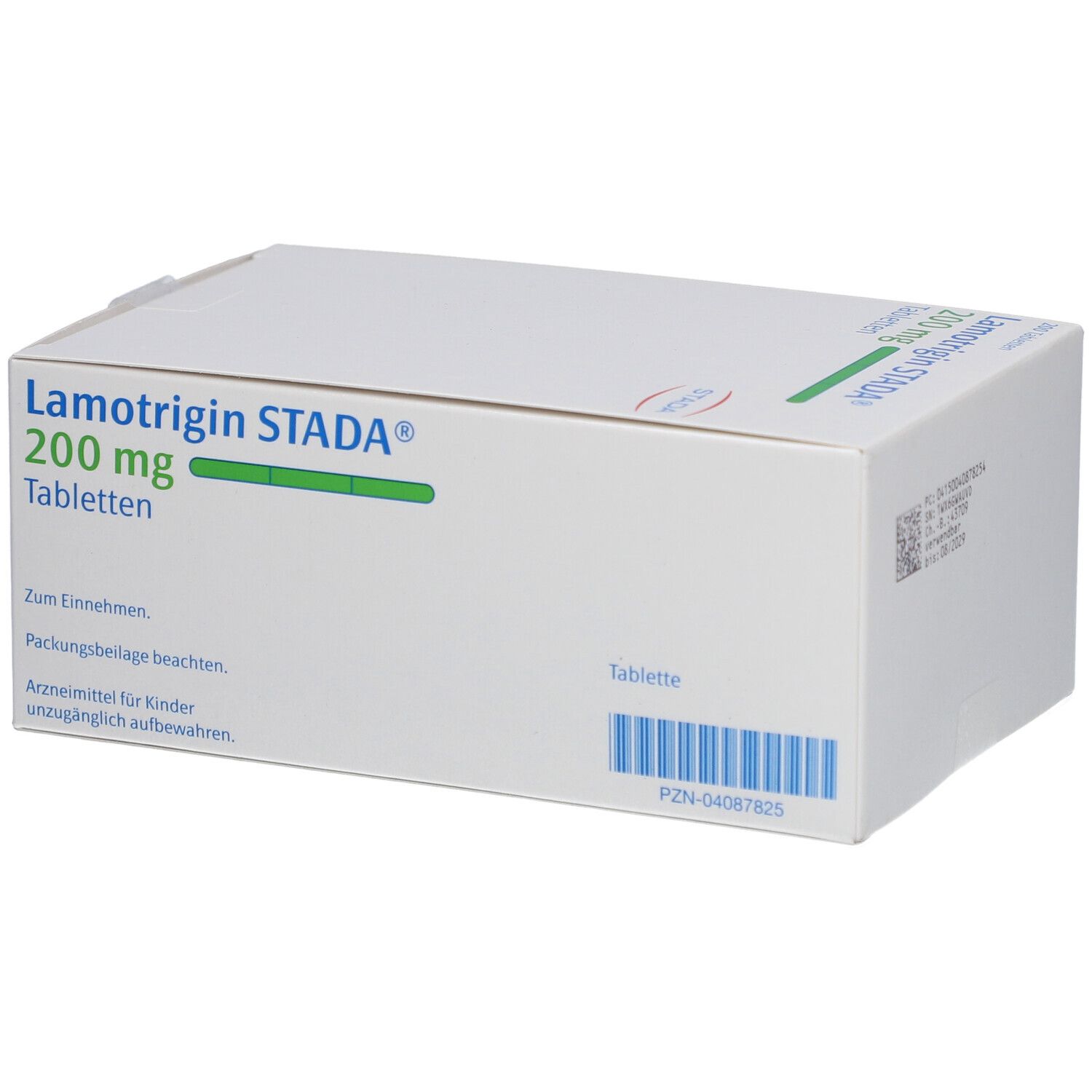 Weiße Faltschachtel mit Aufschrift Lamotrigin STADA® 200 mg Tabletten. Text zum Einnehmen und weitere Informationen.