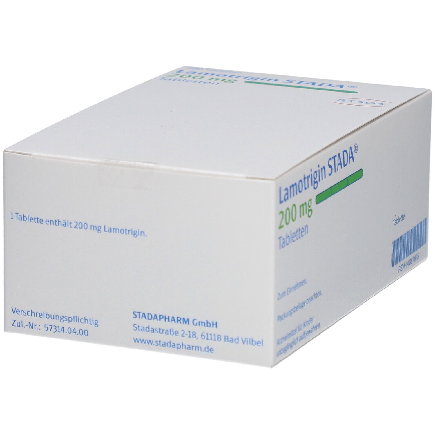 Weiße Faltschachtel mit Aufschrift Lamotrigin STADA® 200 mg Tabletten. Enthält 200 mg Lamotrigin.