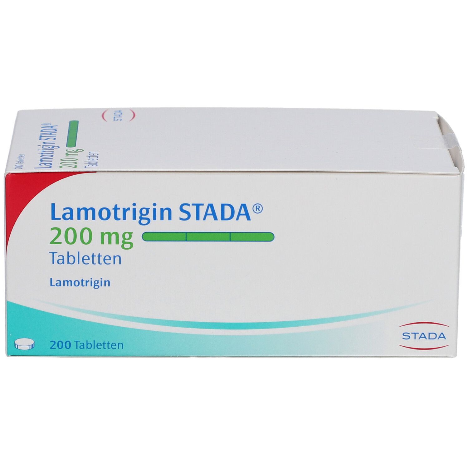 Weiße Faltschachtel mit Aufschrift Lamotrigin STADA® 200 mg Tabletten. 200 Tabletten. STADA Logo.