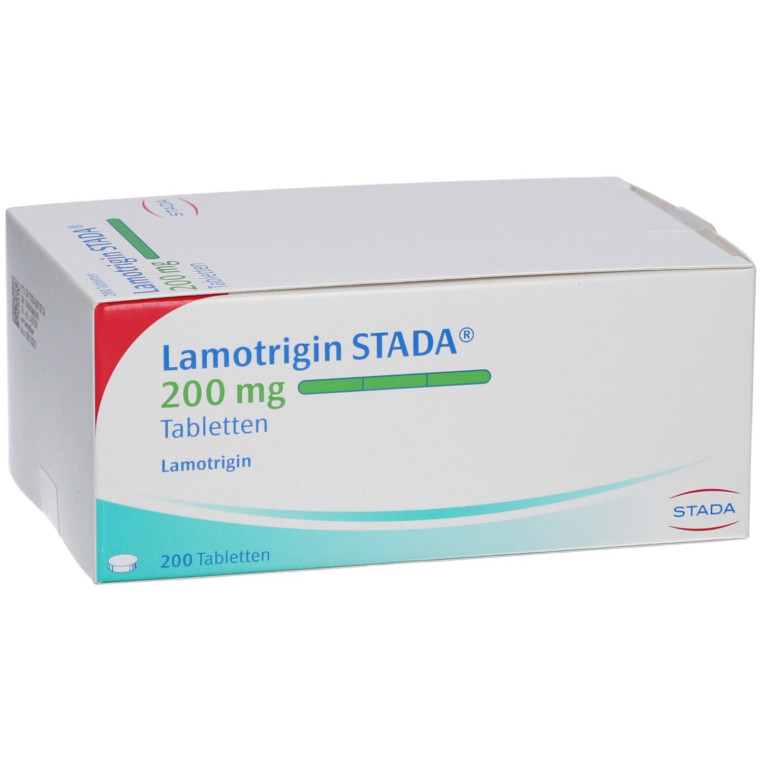 Weiße Faltschachtel mit Aufschrift Lamotrigin STADA® 200 mg Tabletten. 200 Tabletten. STADA Logo.