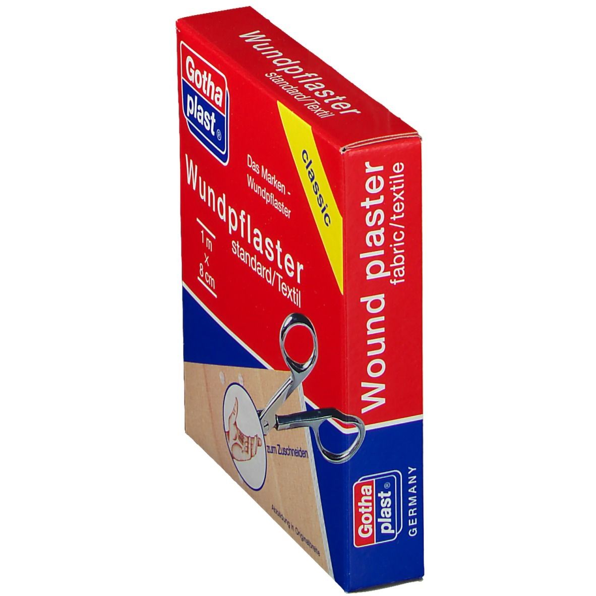 Rote Schachtel GothaPlast Wundpflaster, schräg. Aufschrift: 1 m x 8 cm. Schere- und Hand-Illustration.