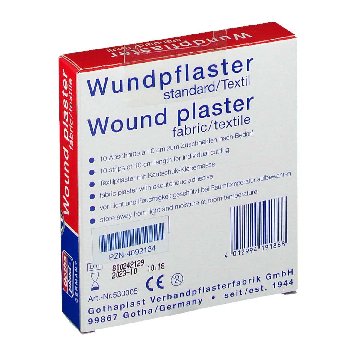 Rückseite der GothaPlast Wundpflaster-Verpackung. Text: 10 Streifen à 10 cm. CE-Kennzeichnung.