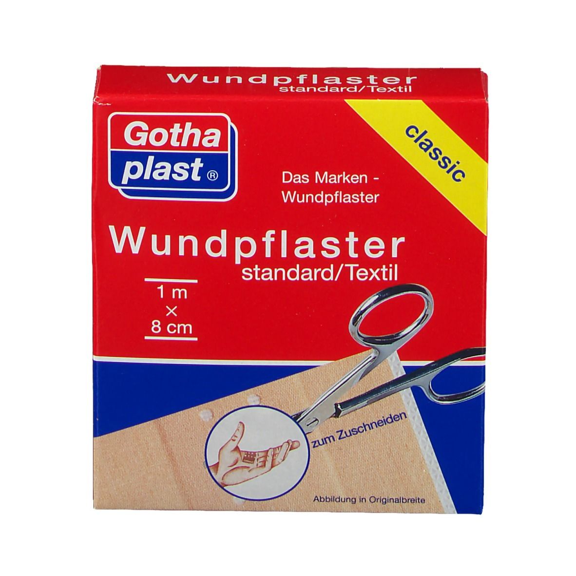 Rote Schachtel mit GothaPlast Wundpflaster. Aufschrift: 1 m x 8 cm. Schere und Hand-Illustration.