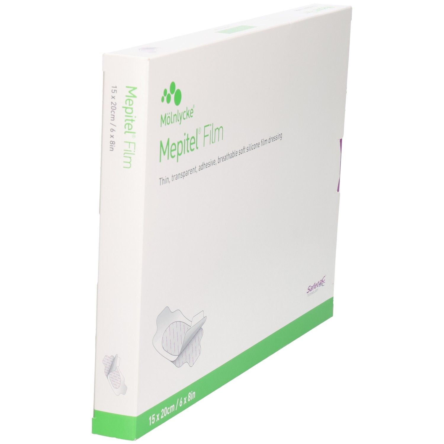 Mepitel Film Verpackung, weiß mit grünen Akzenten. Produktname und Größenangabe: 15x20cm/6x8in.