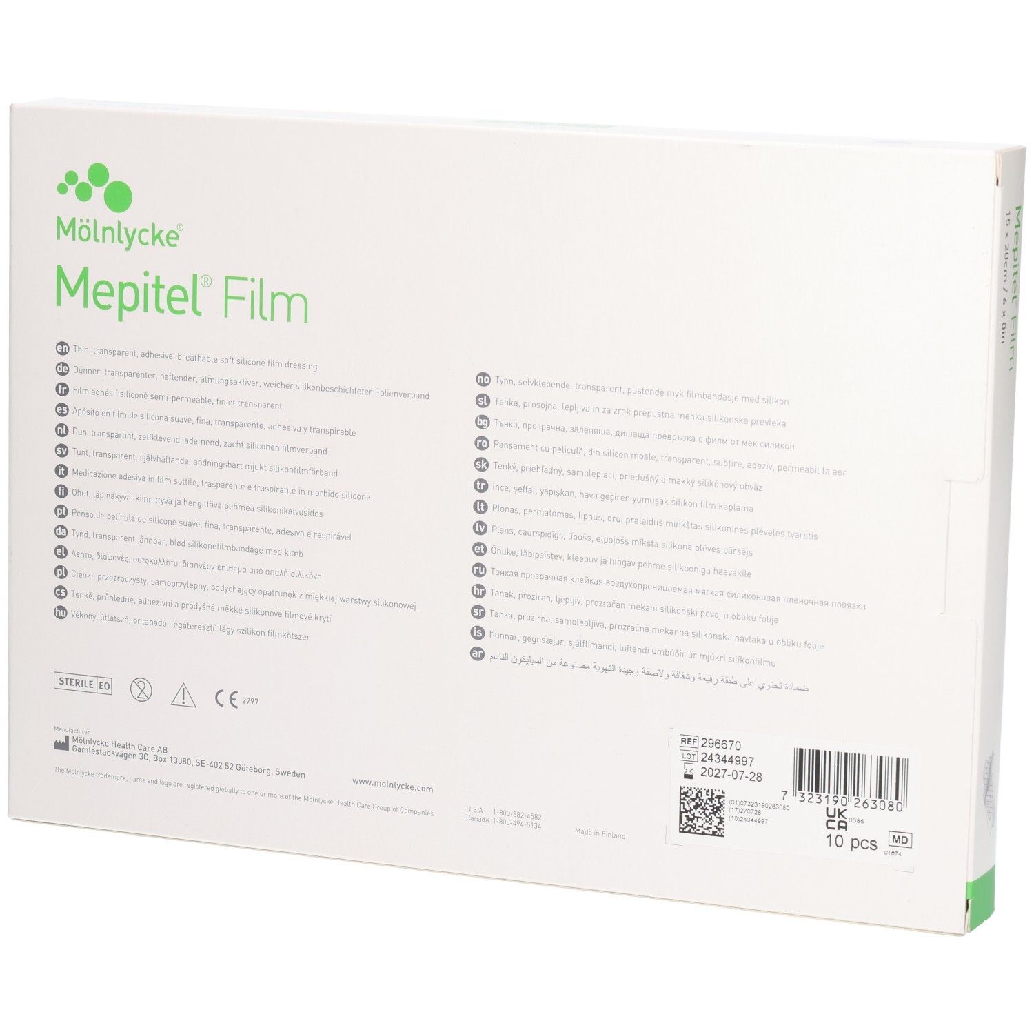 Rückseite der Mepitel Film Verpackung. Text in mehreren Sprachen, Barcode und Chargennummer.