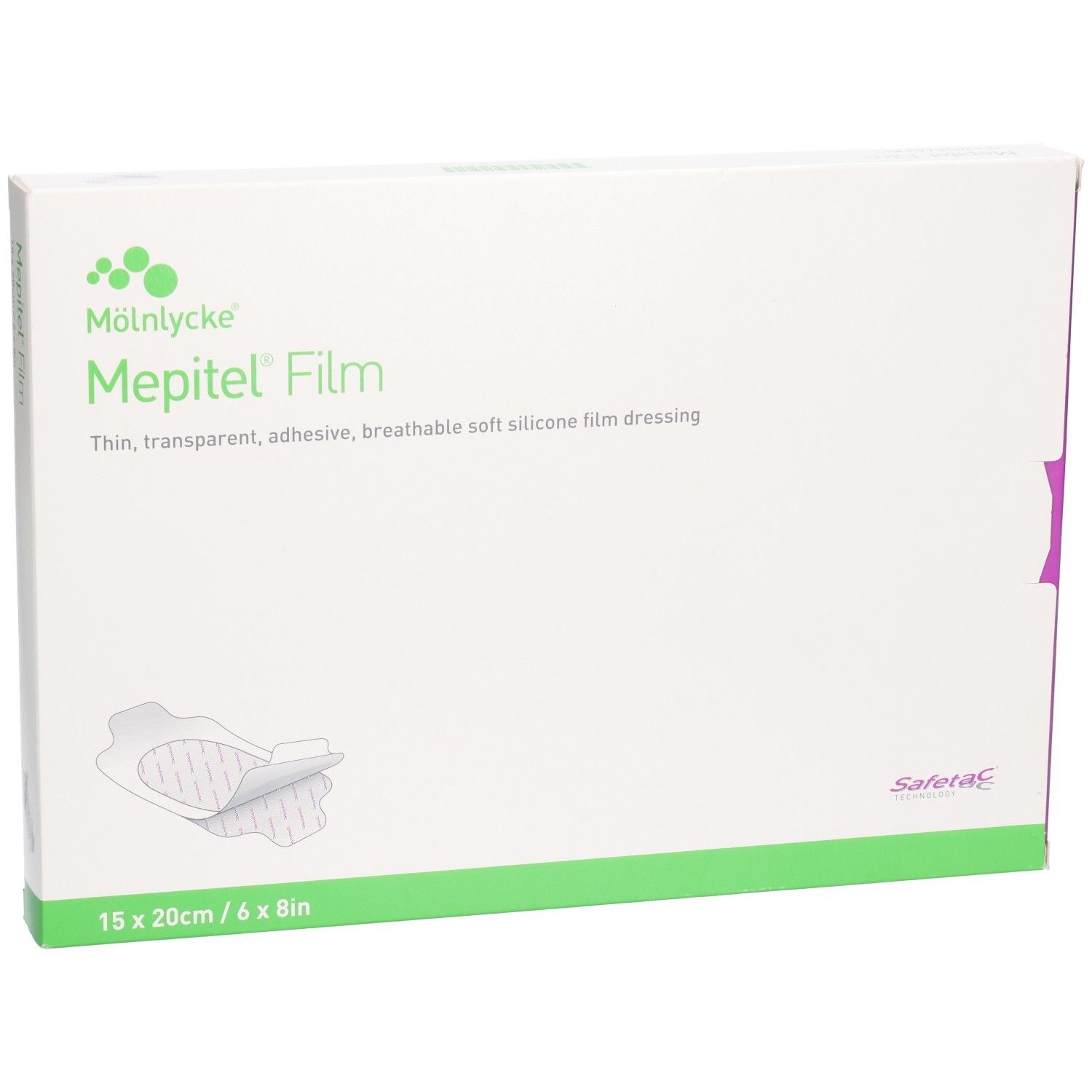 Verpackung von Mepitel Film. Grün-weiße Schachtel mit Produktabbildung und Größenangabe: 15x20cm/6x8in.