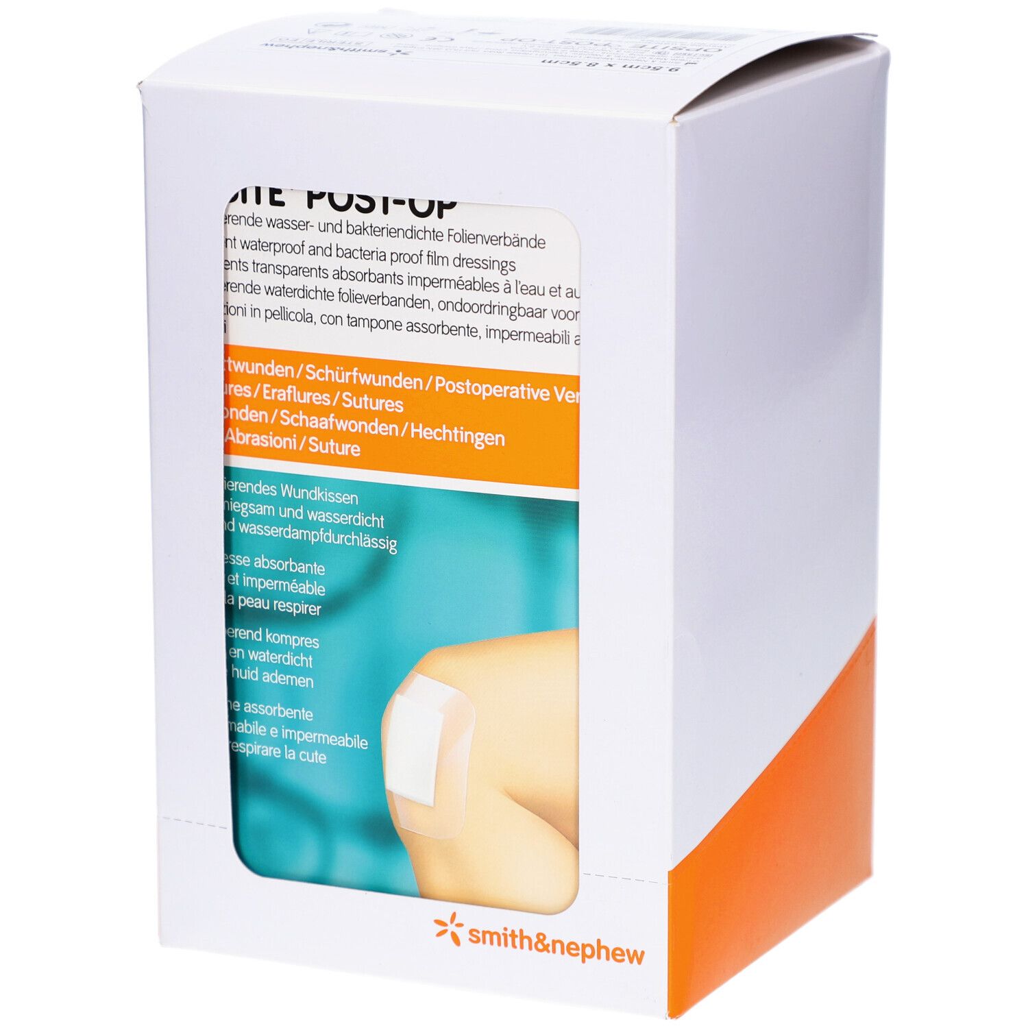Verpackung mit Produktabbildung. Sichtbar: Verband auf Haut, Text OPSITE POST-OP, Smith & Nephew Logo.