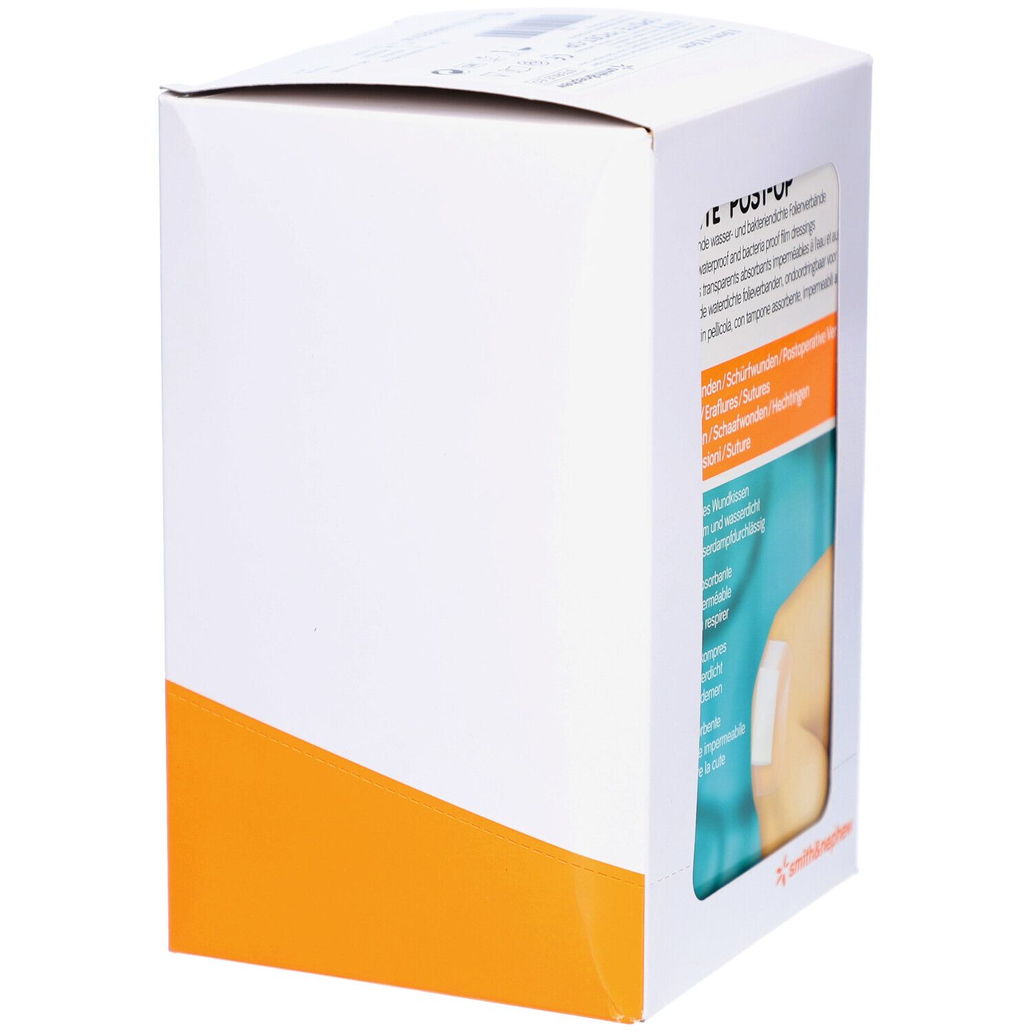 Verpackung, weiß mit orangefarbener Ecke. Sichtbar: Text und Produktabbildung durch Fenster.