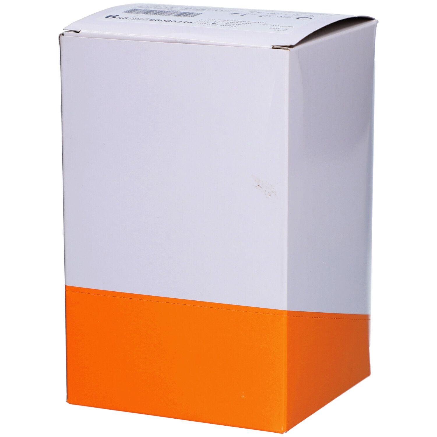 Weiße Verpackung mit orangefarbener unterer Hälfte. Keine Produktabbildung sichtbar.