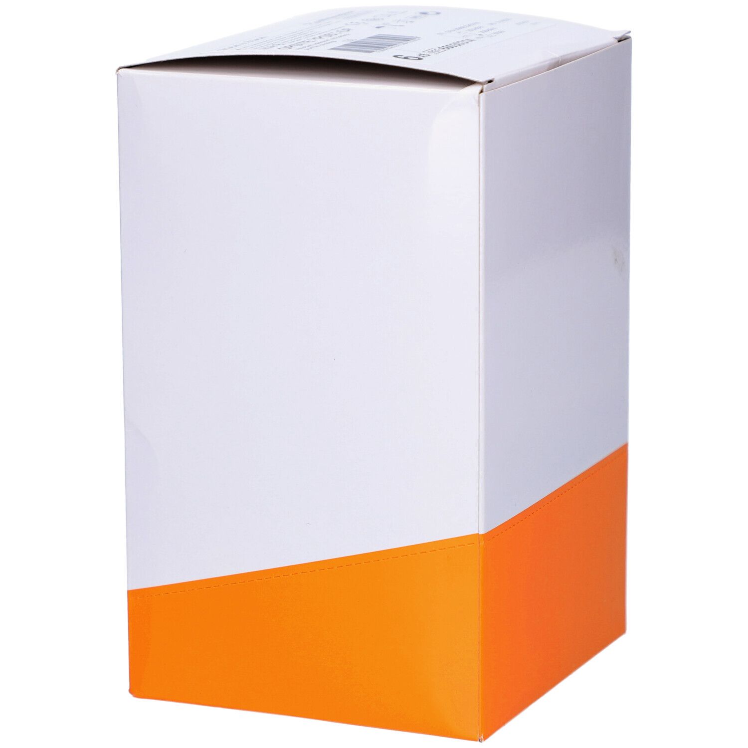 Weiße Verpackung mit orangefarbener unterer Hälfte. Keine Produktabbildung sichtbar.