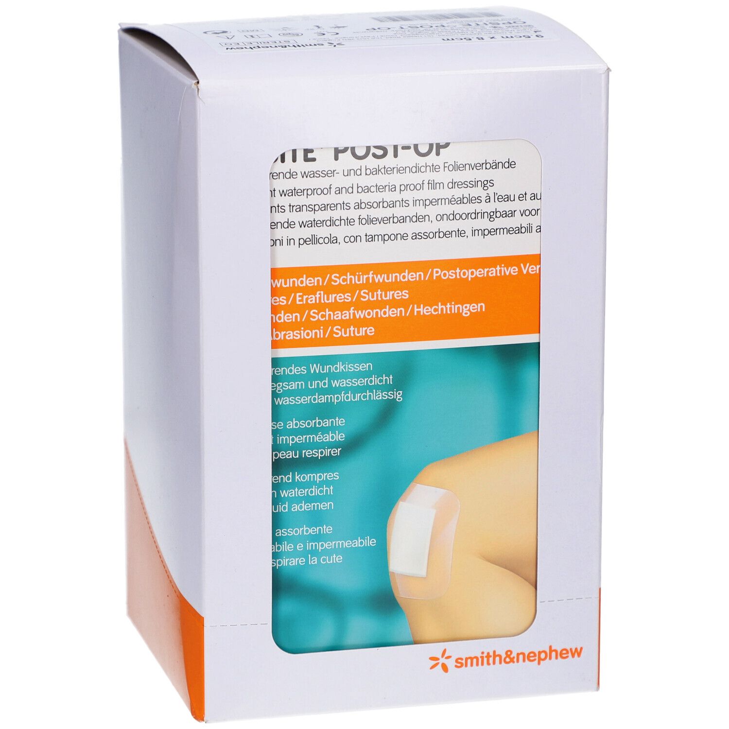 Verpackung, Rückseite. Sichtbar: Text OPSITE POST-OP, Produktabbildung, Smith & Nephew Logo.