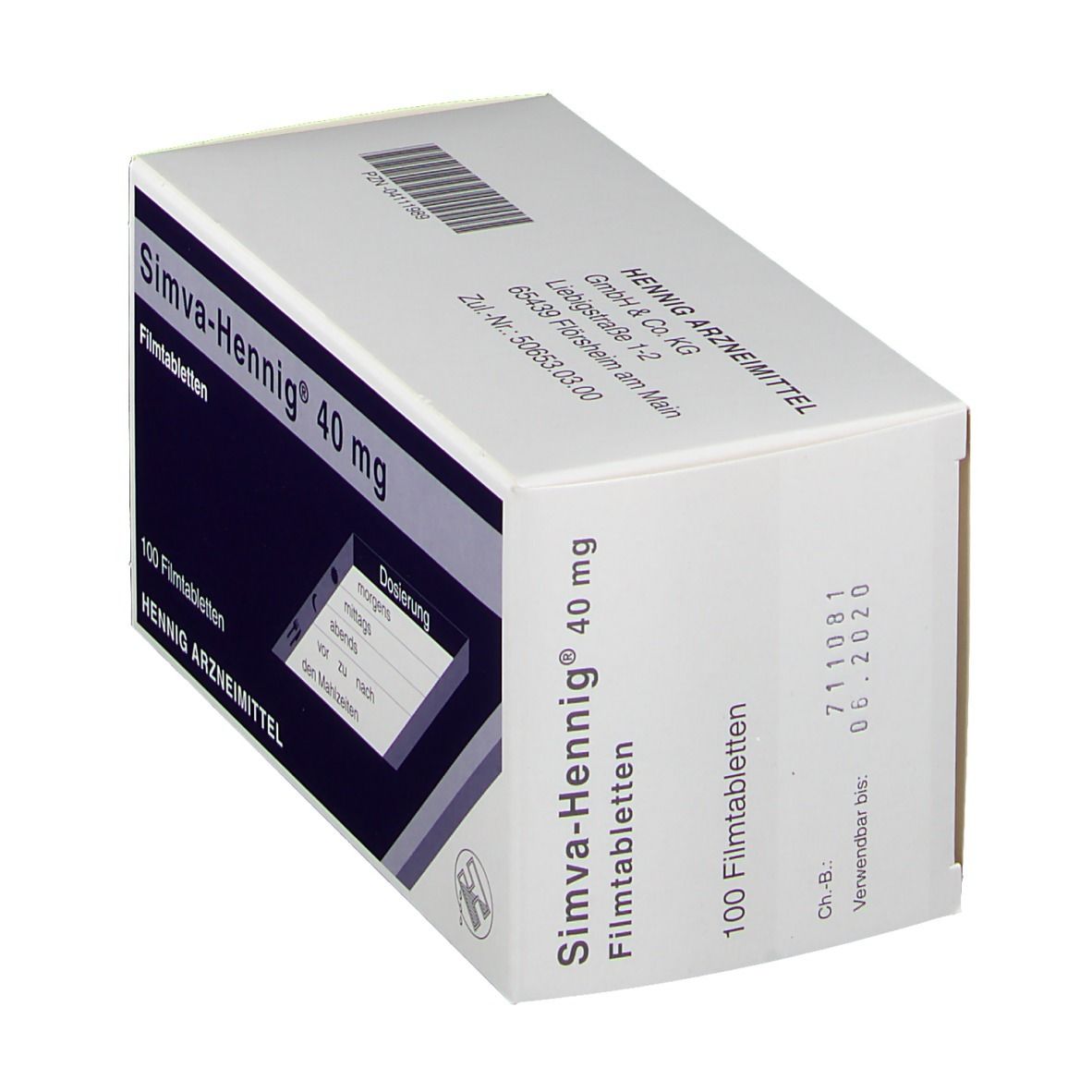 Schachtel mit Simva-Hennig® 40 mg Filmtabletten. Enthält 100 Tabletten. Hersteller: Hennig Arzneimittel. Verfallsdatum: 06.2020.