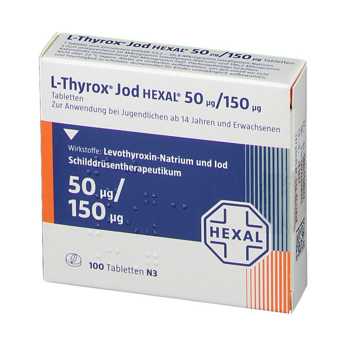 Schachtel L-Thyrox Jod HEXAL 50 µg/150 µg Tabletten. Blaue und weiße Aufmachung. HEXAL Logo. Text: 50 µg/150 µg, 100 Tabletten.